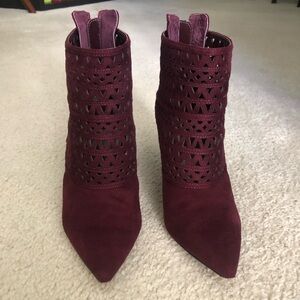 Suede, burgundy, high heel ankle boots